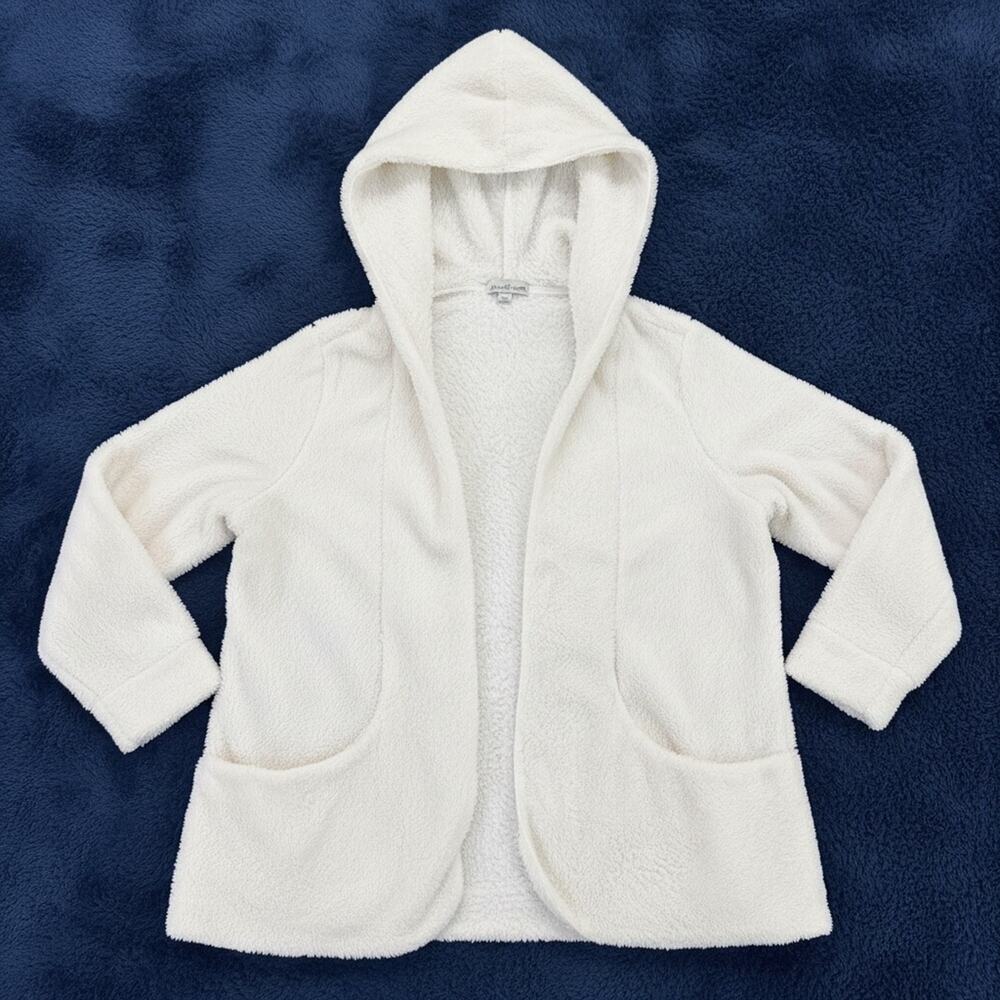 Keren Hart Women's White Fuzzy Hooded Open Front Fleece Jacket Cardigan | L
b86